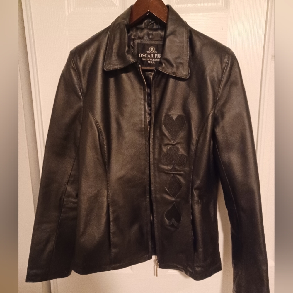 Vintage Oscar Piel Women's Black Leather Jacket Size L (Run Small Fit Like M)